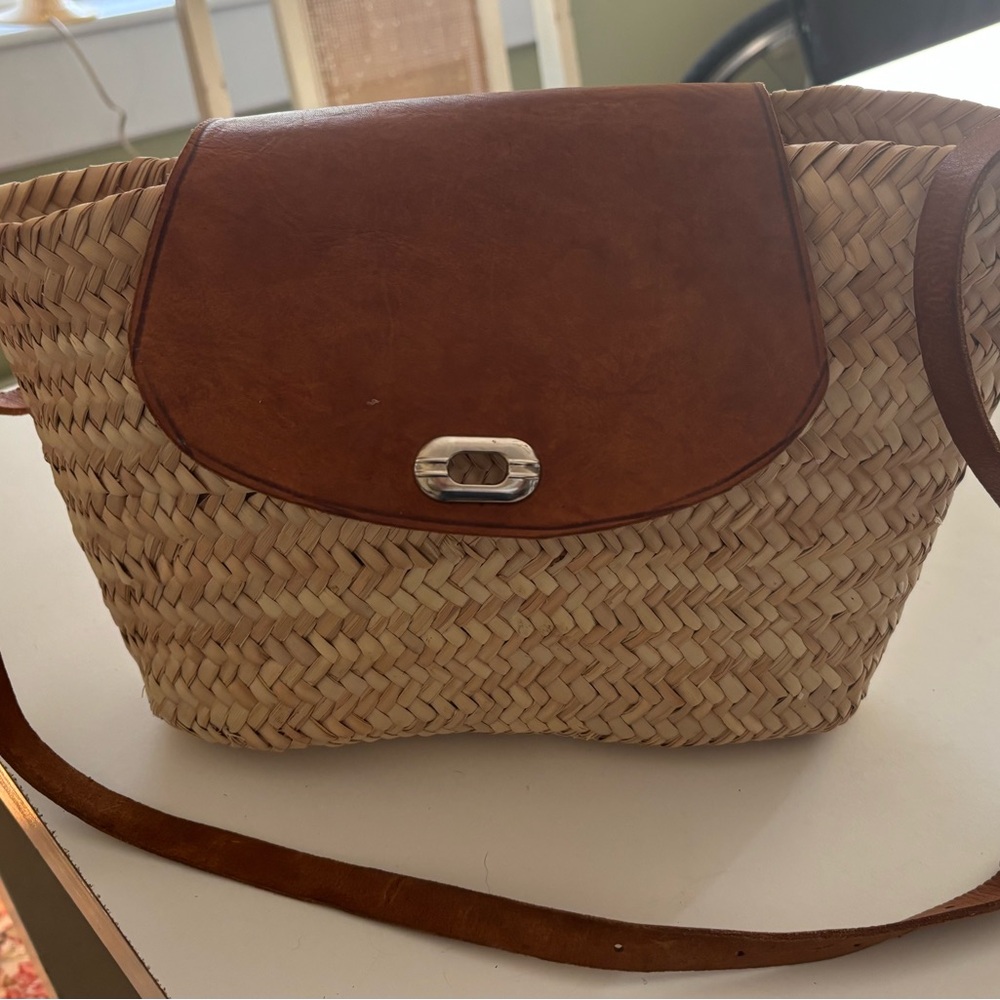 Leather and Straw Crossbody Bag in Brown and Tan